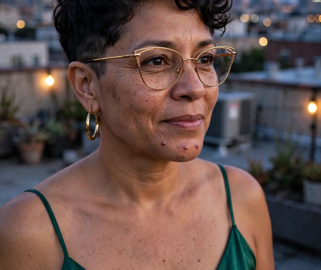 Copper-red choppy pixie haircut with windswept fringe on a Caucasian woman in her 30s wearing round wooden-frame eyeglasses, red-and-black flannel shirt, forest trail in dappled sunlight