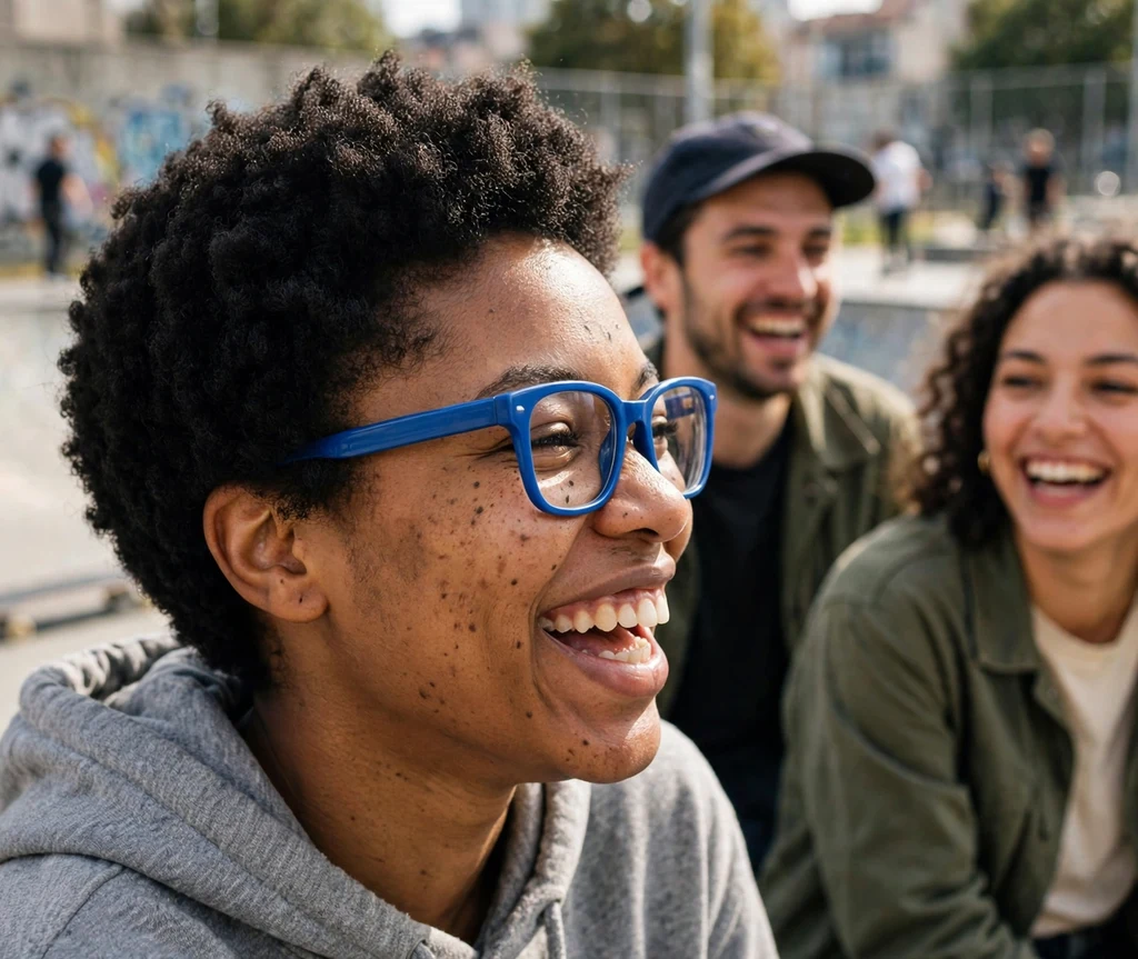 Black tapered pixie haircut with tight natural curls on top on a Latina woman in her 40s wearing thin gold cat-eye eyeglasses, emerald slip dress and gold hoops, city rooftop at dusk