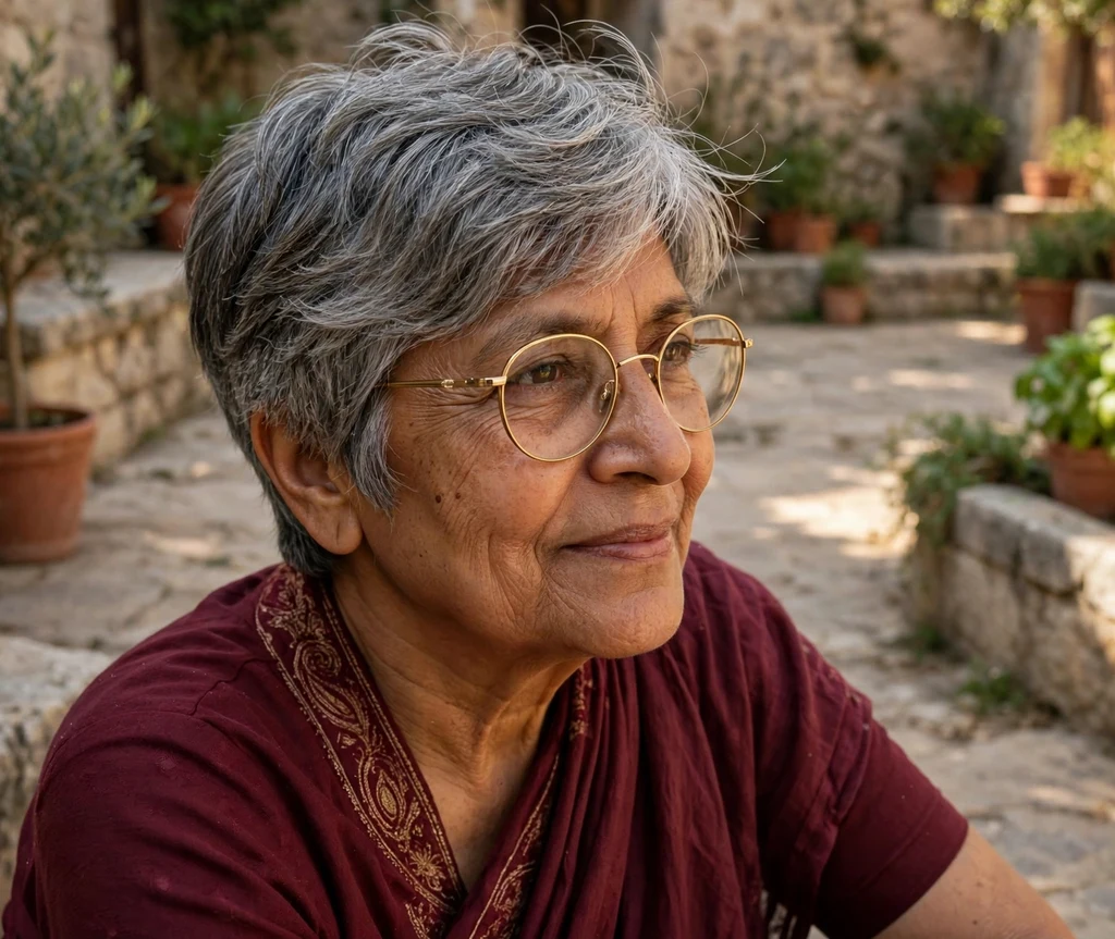 White pixie haircut with neat deep side part on an East Asian woman in her 60s wearing rimless rectangular eyeglasses, navy cardigan over white blouse, quiet public library