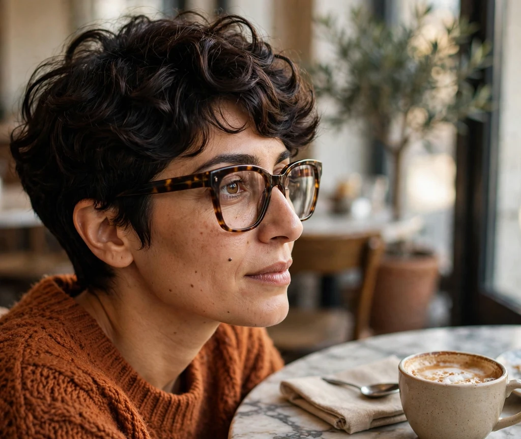 Gray layered pixie haircut with soft feathery layers on a South Asian woman in her 60s wearing gold round wire eyeglasses, deep maroon sari-inspired blouse, sunlit stone courtyard