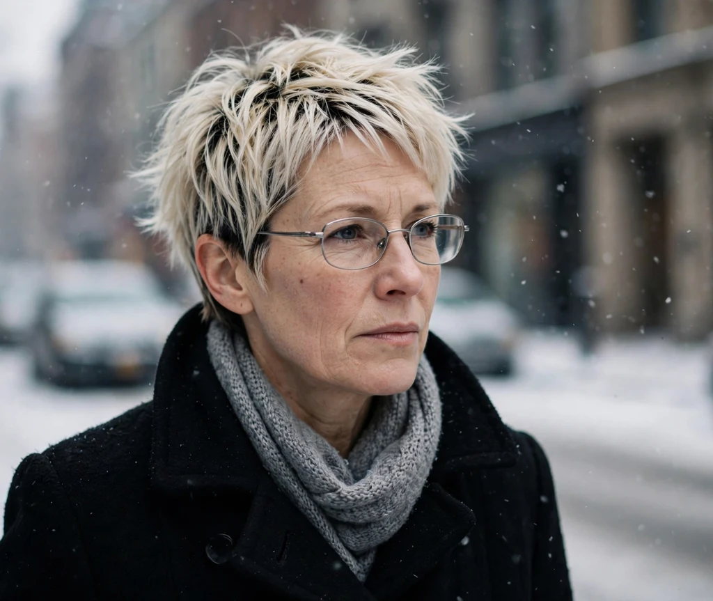 Voluminous wavy dark pixie haircut with full bouncy waves on a Middle Eastern woman in her 30s wearing oversized tortoiseshell eyeglasses, cozy rust-colored sweater, marble café table