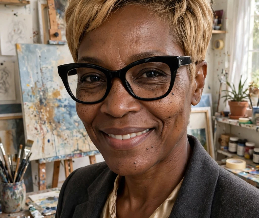 Black pixie haircut with silver-gray highlight streaks on a Latina woman in her 50s wearing purple-tinted fashion eyeglasses, white linen blouse, outdoor farmers market