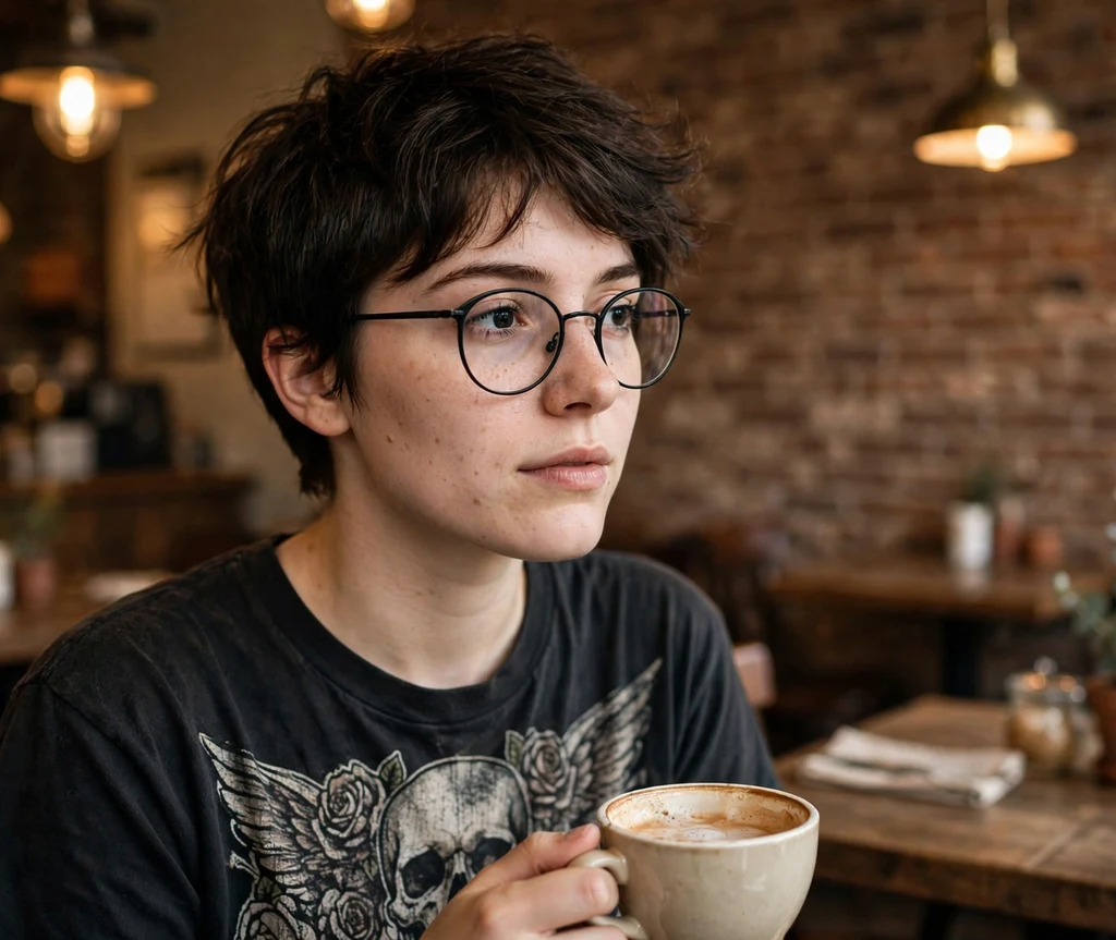Honey-blonde tapered pixie haircut with smooth tapered nape on a Black woman in her 40s wearing bold black cat-eye eyeglasses, charcoal blazer over silk top, bright art studio