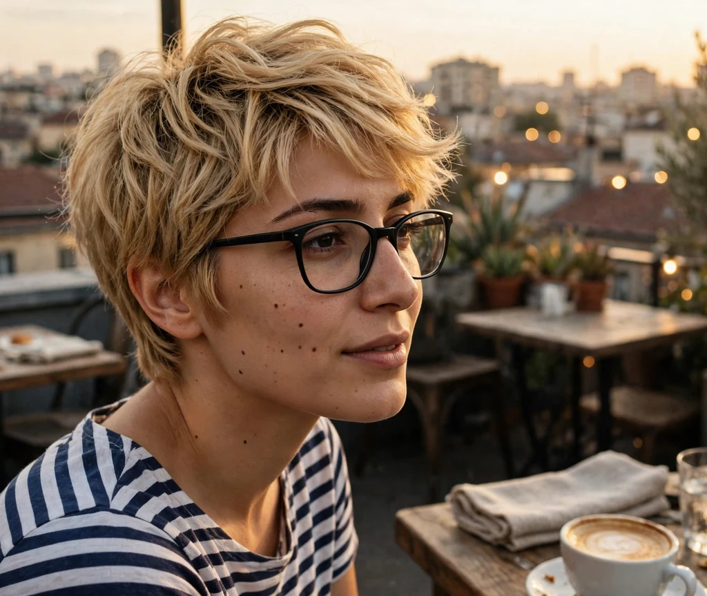 Golden blonde textured pixie haircut with tousled piecey layers on a Middle Eastern woman in her 20s wearing slim black rectangular eyeglasses, navy-and-white striped top, rooftop café at golden hour