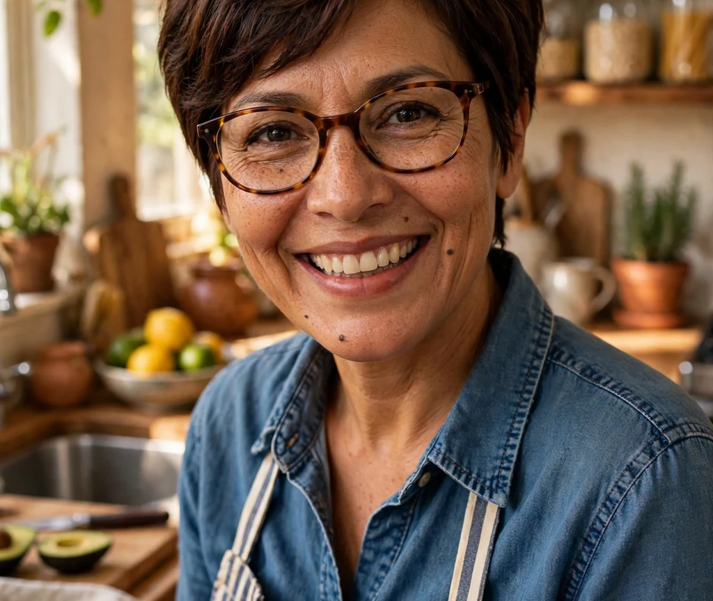 Rich espresso-brown layered pixie haircut with feathered layers on a Latina woman in her 40s wearing tortoiseshell oval eyeglasses, denim shirt with striped apron, warm sunlit home kitchen