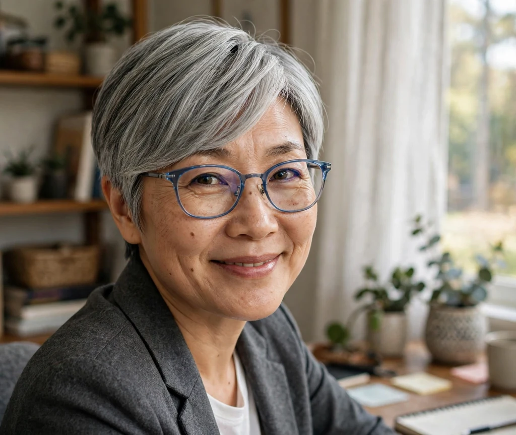 Silver side-swept pixie haircut with deep side part on an East Asian woman in her 40s wearing blue-light tinted eyeglasses, charcoal blazer over white top, bright home office
