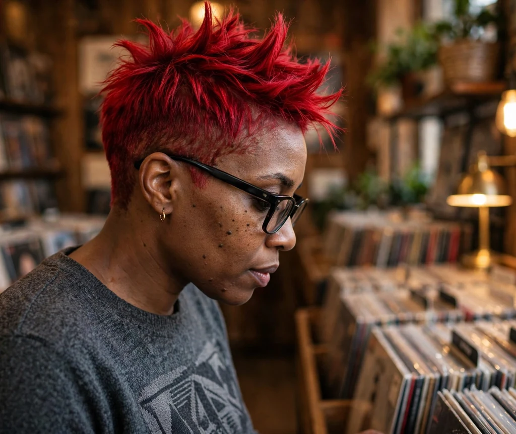 Vivid crimson-red spiky pixie haircut with bold lifted texture on a Black woman in her 30s wearing dark rectangular eyeglasses, charcoal graphic sweater, cozy record store