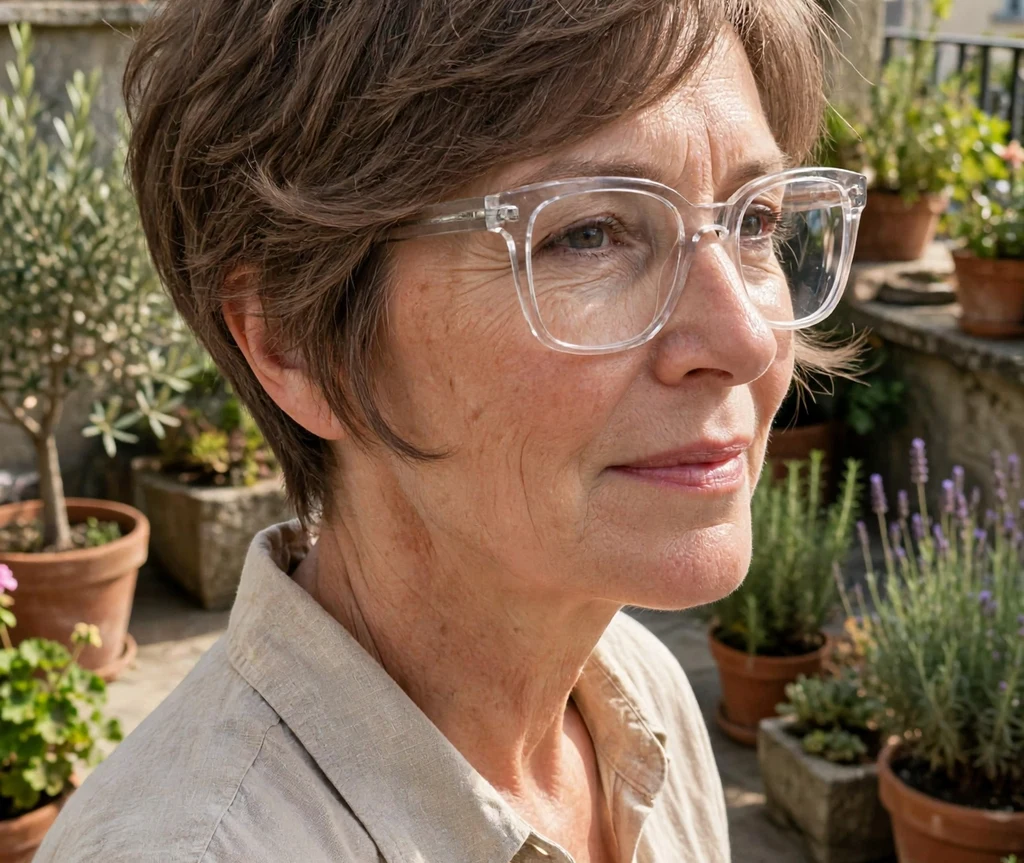 Ash-brown feathered pixie haircut with soft airy layers on a Caucasian woman in her 50s wearing clear oversized eyeglasses, natural linen shirt, sunny terrace garden