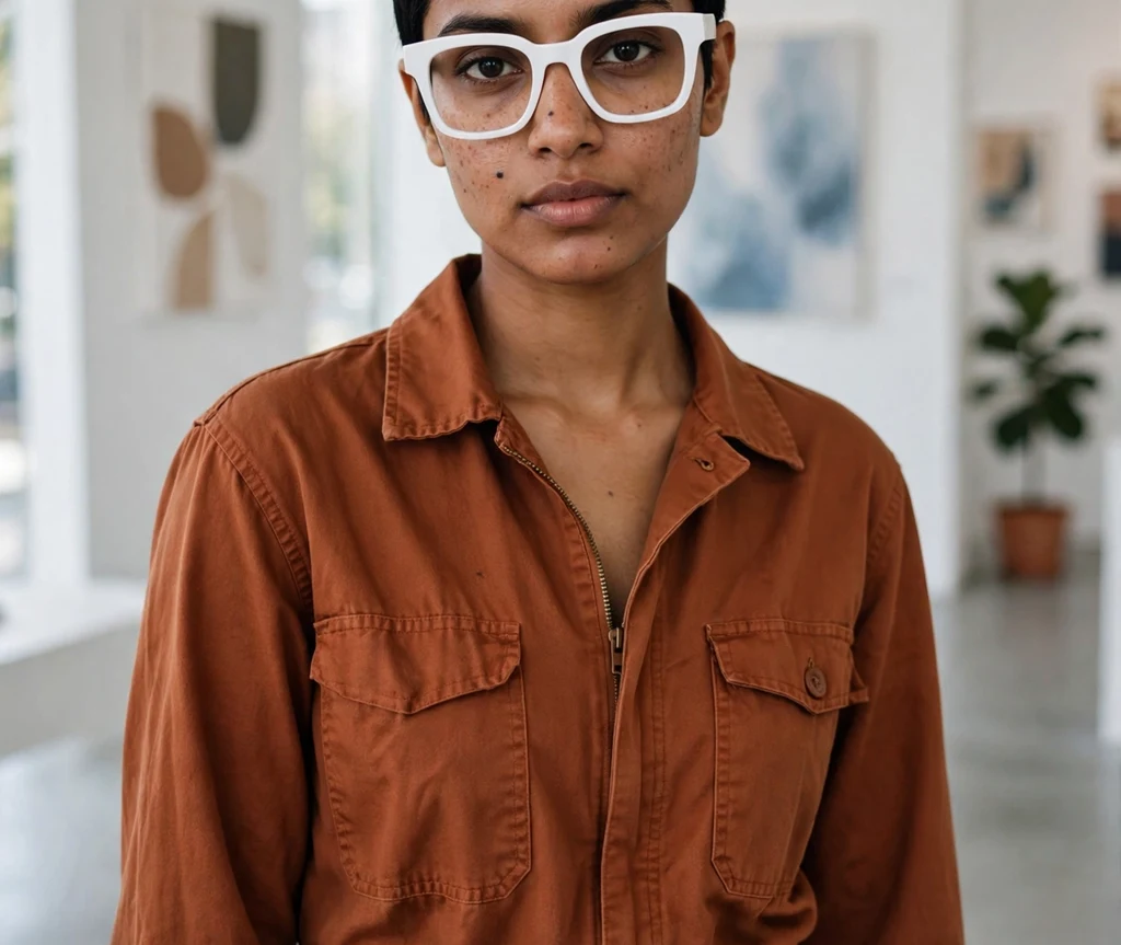 Jet black precision crop pixie haircut with ultra-short sleek cut on a South Asian woman in her 20s wearing bold white chunky eyeglasses, rust-colored jumpsuit, bright contemporary art gallery