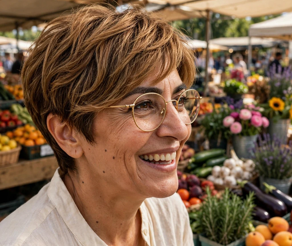 Honey-caramel textured pixie haircut with warm dimensional layers on a Middle Eastern woman in her 40s wearing gold round eyeglasses, cream blouse, sunlit outdoor farmers market