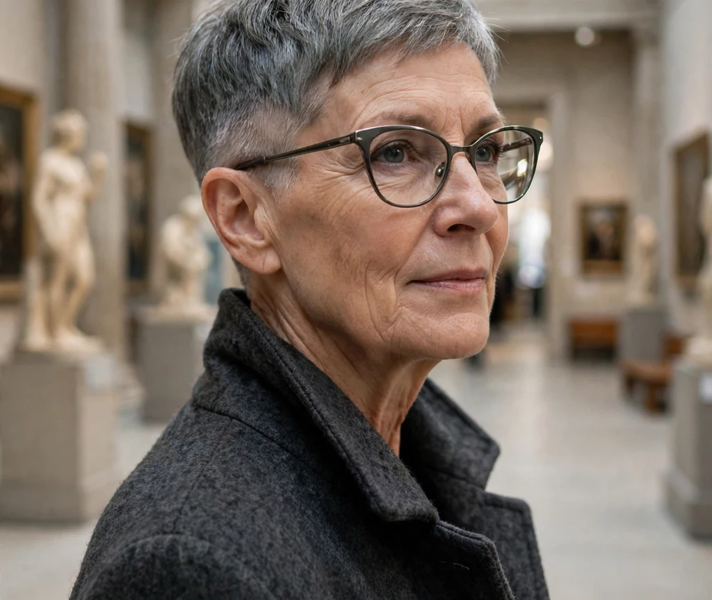 Smoky gray tapered pixie haircut with sleek smooth crown on a Caucasian woman in her 60s wearing gunmetal cat-eye eyeglasses, charcoal wool coat, bright museum hall