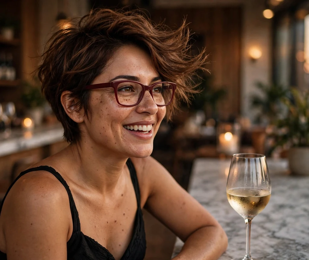 Chestnut-brown tousled pixie haircut with piecey windblown layers on a Latina woman in her 30s wearing burgundy rectangular eyeglasses, black cocktail dress, marble wine bar in warm evening light