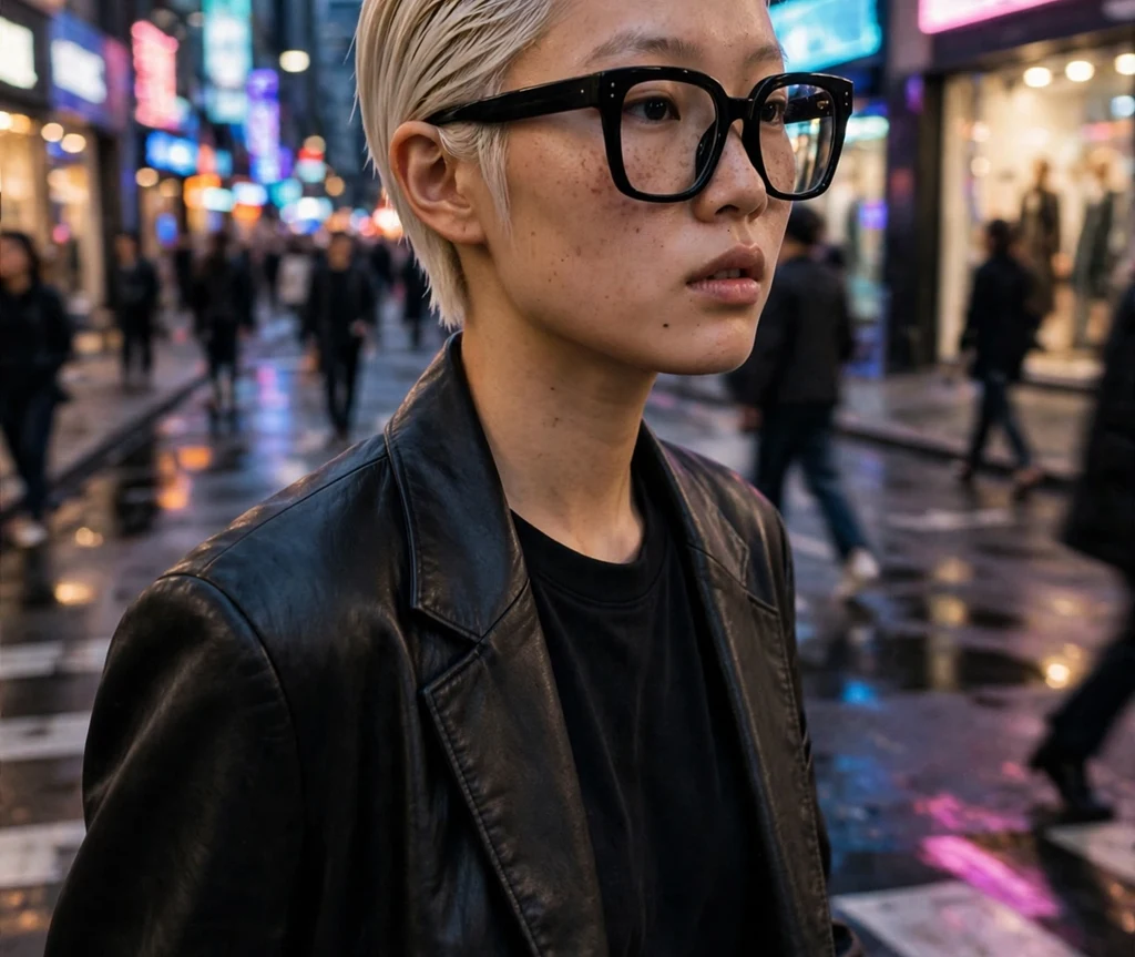 Platinum slicked pixie haircut with wet-look glossy finish on an East Asian woman in her 20s wearing oversized black square eyeglasses, black leather blazer, neon-lit fashion district street at dusk