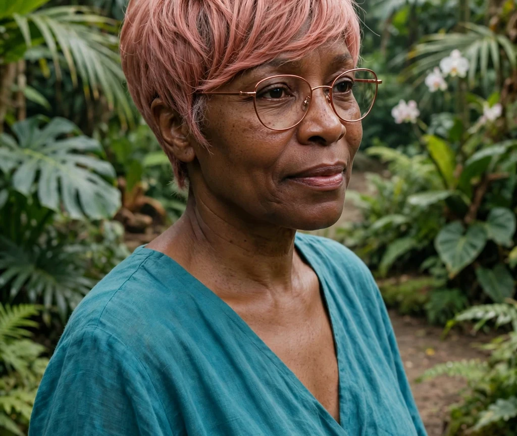 Rose-gold tinted pixie haircut with soft textured layers on a Black woman in her 50s wearing thin copper metal eyeglasses, flowing teal dress, lush botanical garden