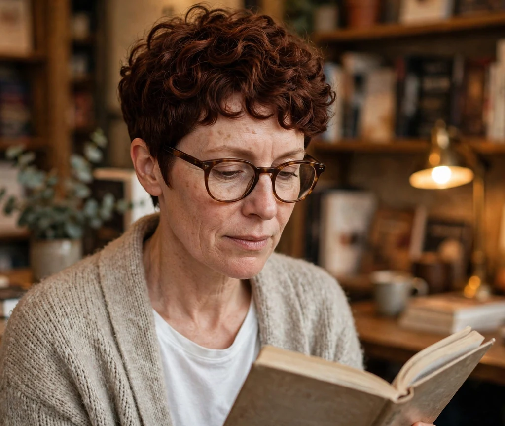 Deep auburn curly pixie haircut with defined bouncy curls on a Caucasian woman in her 40s wearing horn-rimmed eyeglasses, oatmeal cardigan over white tee, cozy bookstore café