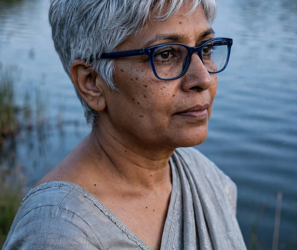 Frosted silver pixie haircut with soft textured layers and wispy fringe on a South Asian woman in her 50s wearing sapphire-blue eyeglasses, silver-gray sari-inspired blouse, calm lakeside at dusk