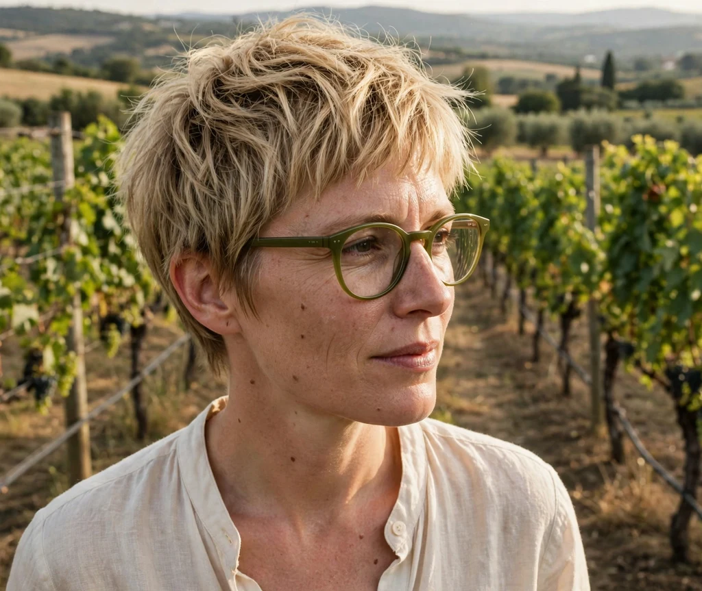 Sandy blonde choppy pixie haircut with textured tousled layers on a Caucasian woman in her 30s wearing olive-green eyeglasses, cream blouse, sunlit vineyard