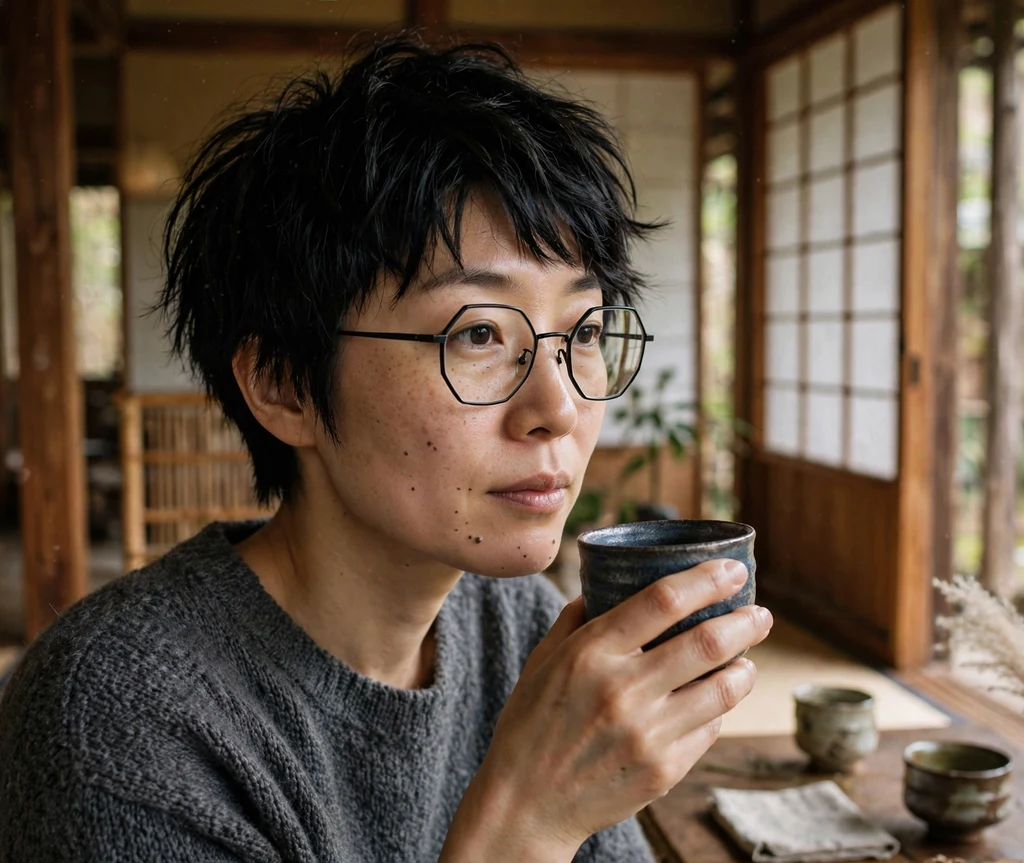Raven-black textured pixie haircut with choppy piecey layers on an East Asian woman in her 30s wearing geometric hexagonal eyeglasses, charcoal sweater, serene Japanese tea house