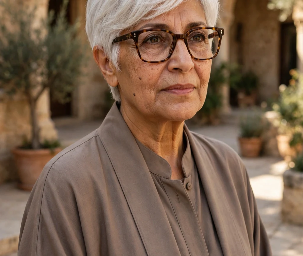 Pearl white pixie haircut with soft smooth layers on a Middle Eastern woman in her 60s wearing classic tortoiseshell square eyeglasses, elegant taupe abaya-inspired coat, sunlit stone courtyard