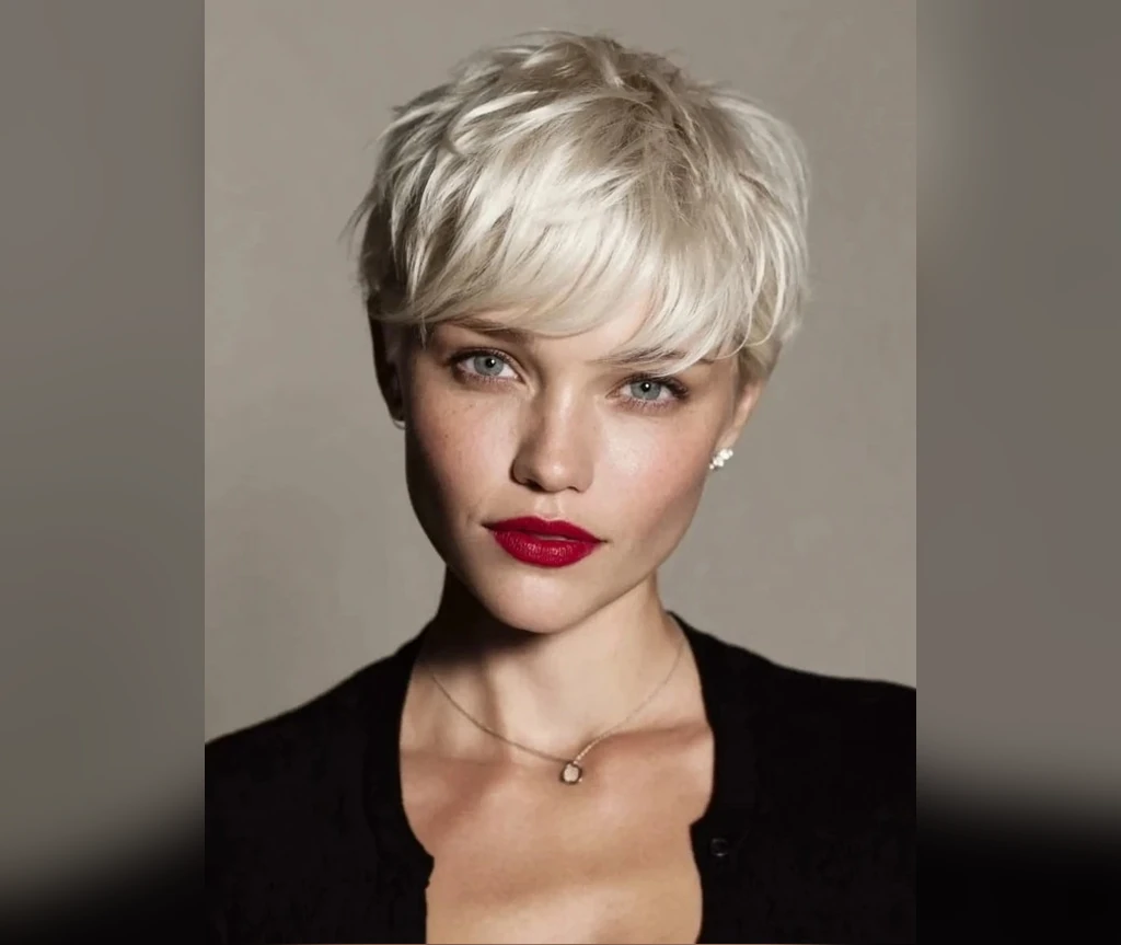 Platinum blonde pixie with a sleek finish and bold red lips