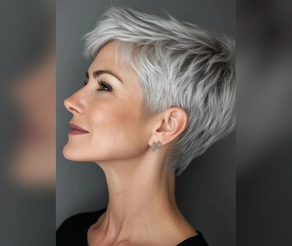Silver pixie cut on a mature woman in profile