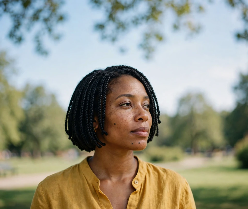 Black woman with short box braids with gold beads