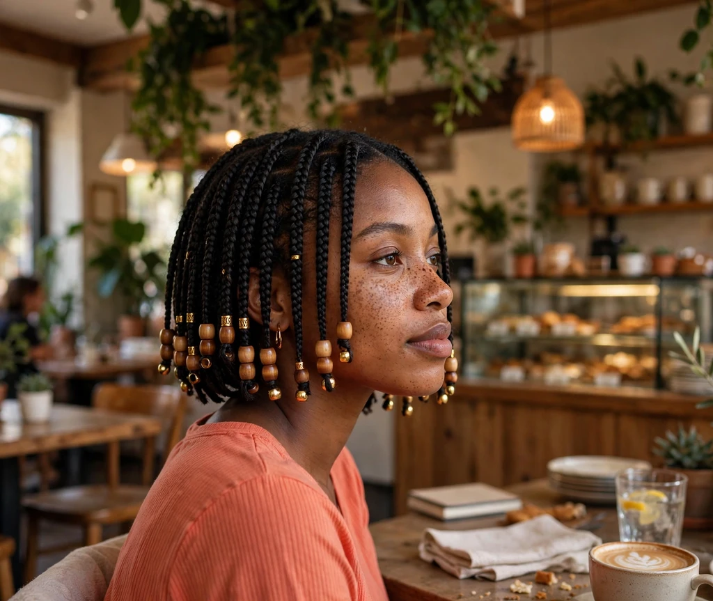 Short box braids with gold beads