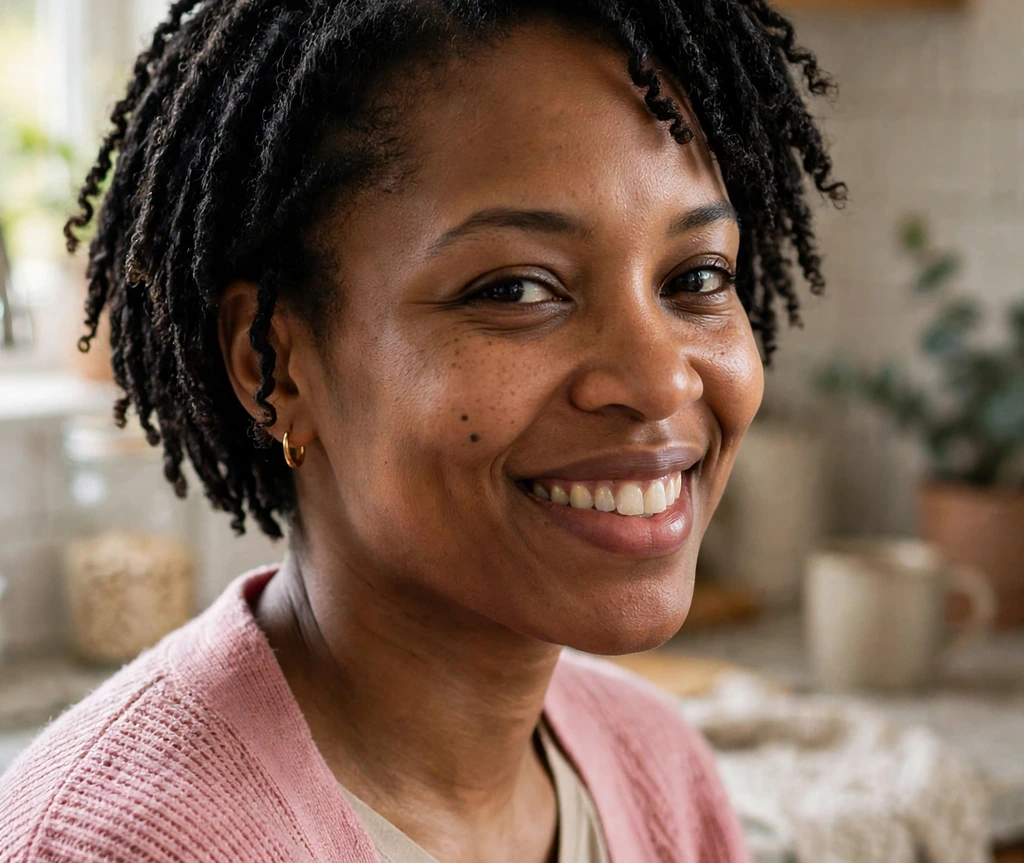 Short natural afro with patterned headband