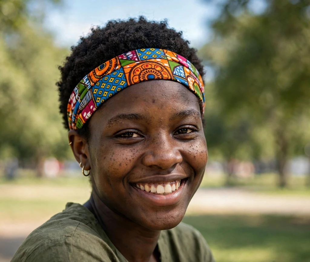 Short natural afro with patterned headband