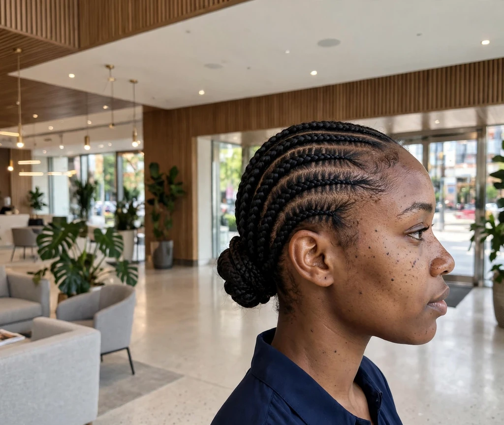 Feed-in cornrows into a neat low bun