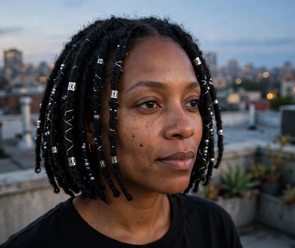 Short faux locs bob with silver cuffs