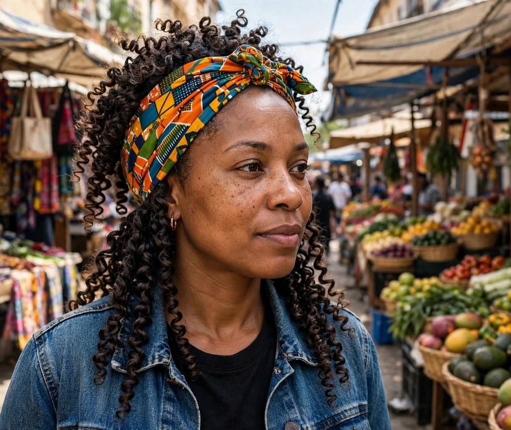 Short coil-out with colorful headwrap