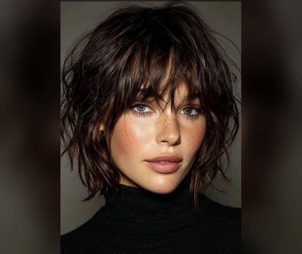Short shag hair ideas - dark shaggy layered haircut with wispy bangs on a woman