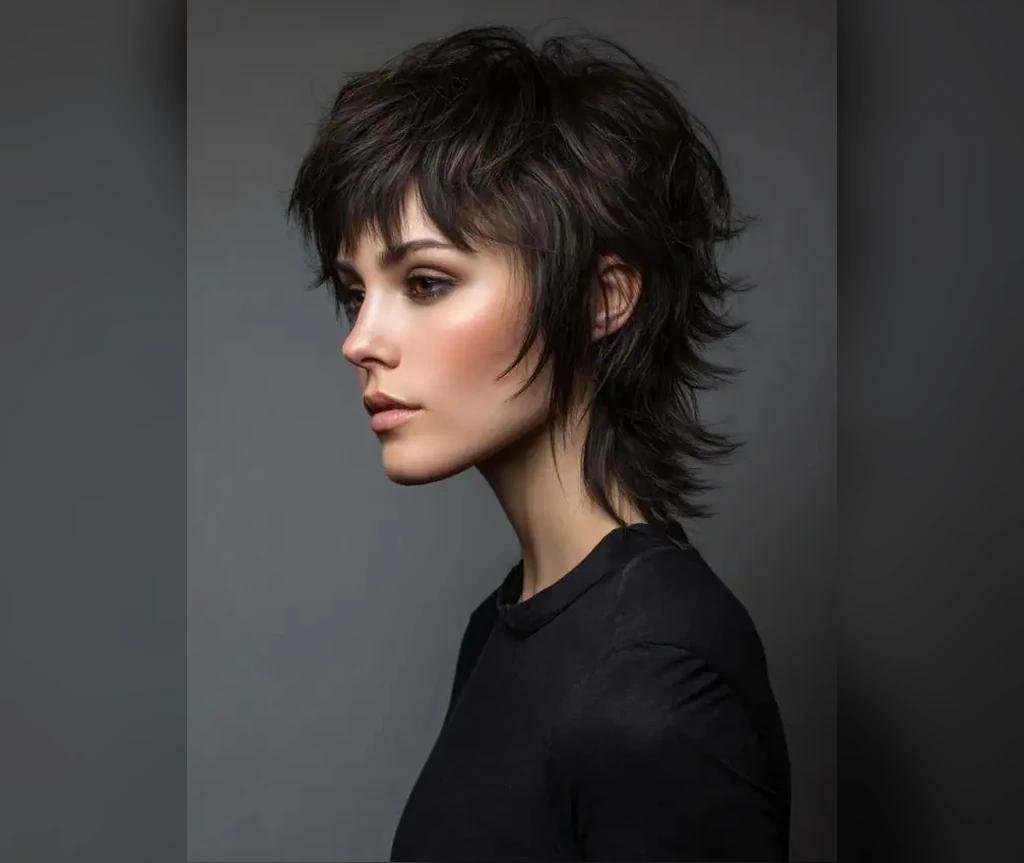Choppy short shag with piecey layers and a textured side profile