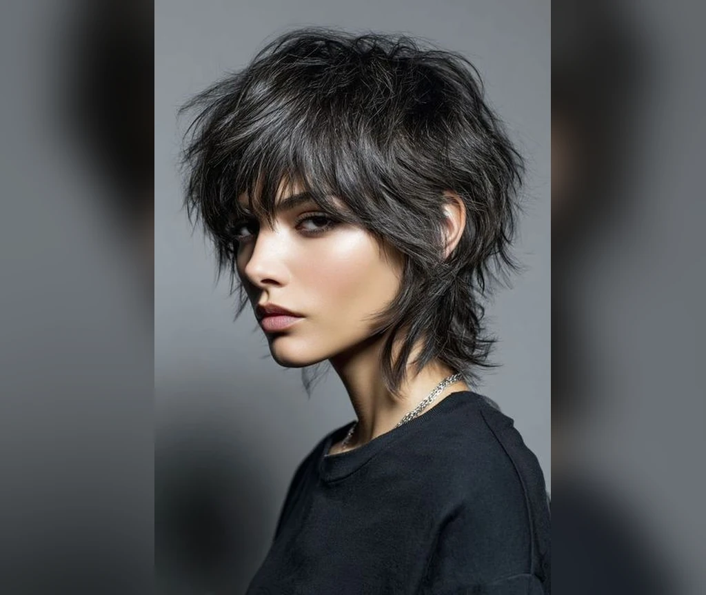 Short wolf cut shag with wild layers and a grey-black finish