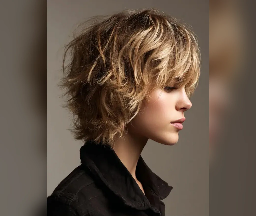 Wavy short shag with tousled blonde waves and choppy ends