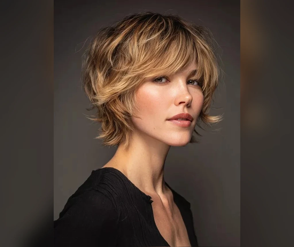 Short shag for fine hair with light blonde layers and airy volume