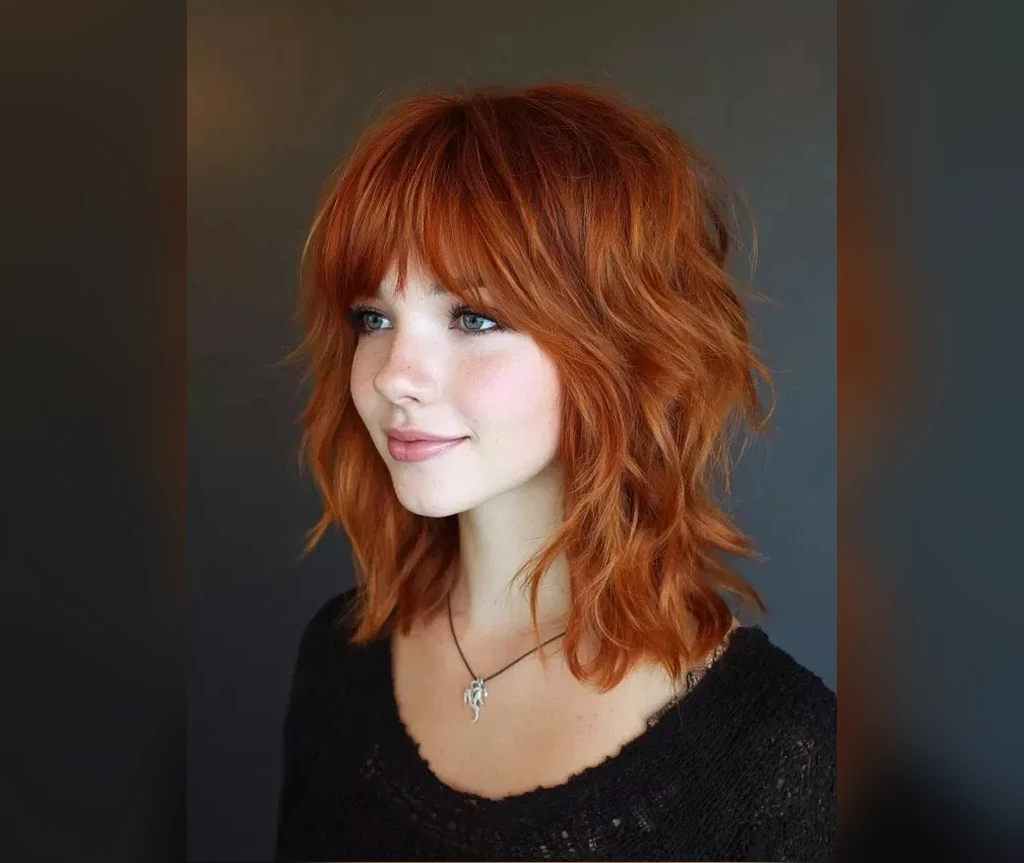 Copper short shag with warm red tones and shaggy waves