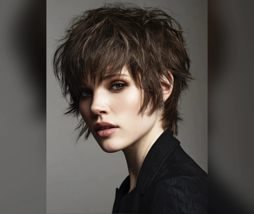 Razored short shag with sharp piecey texture and wispy ends