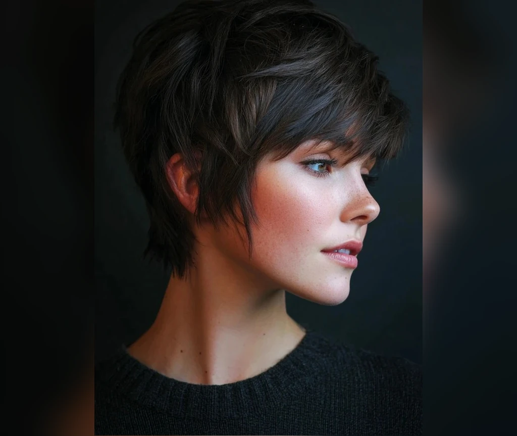 Short pixie shag with cropped layers and a soft side fringe