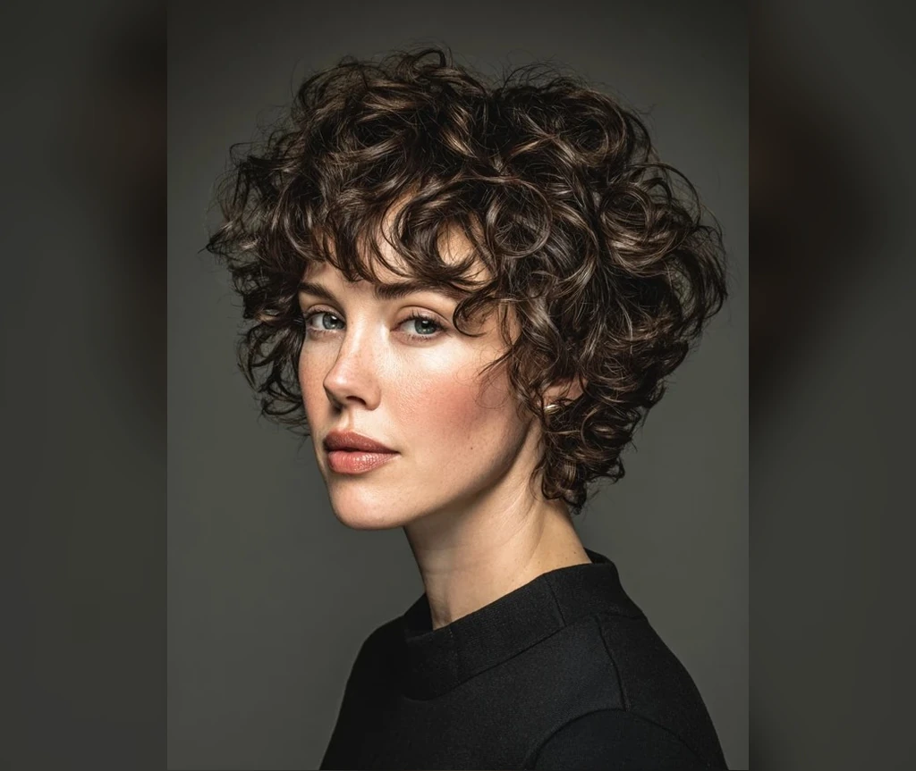 Short shag bob with curly layered ends and a rounded shape