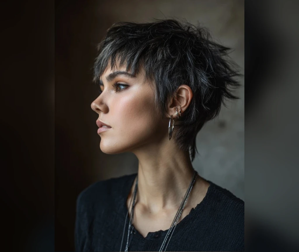 Short shag with undercut and grey textured pixie layers