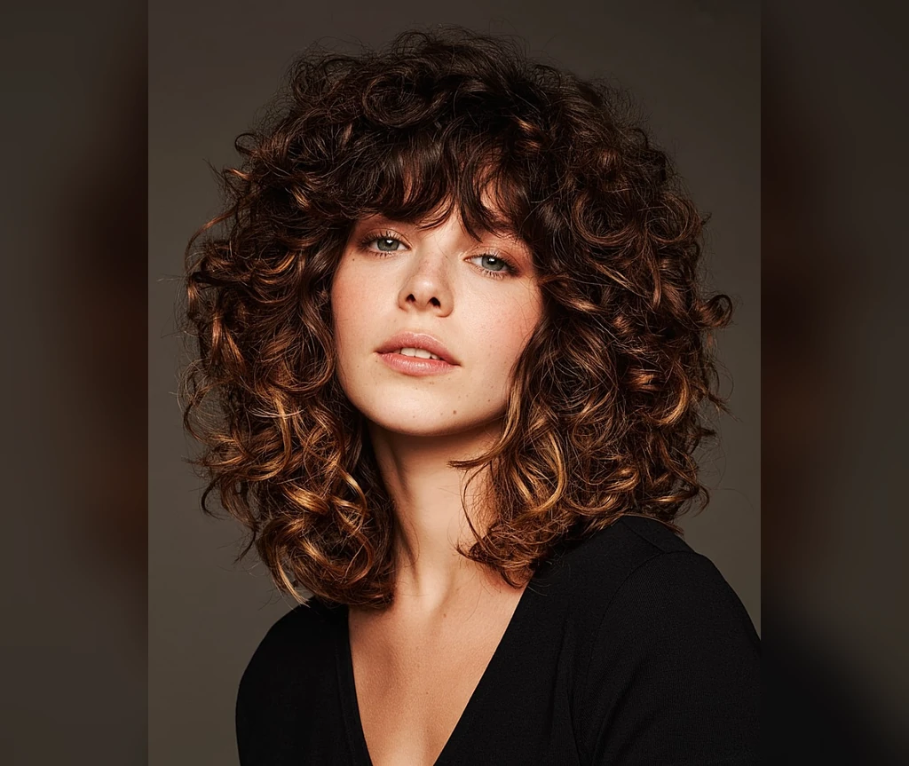 Short shag with highlights and sun-kissed curly layers