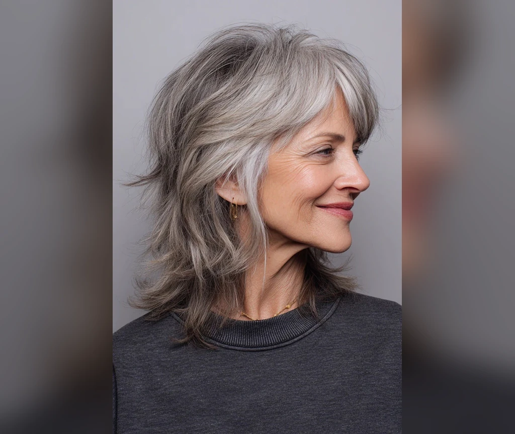 Short shag with side part and silver layered hair in profile