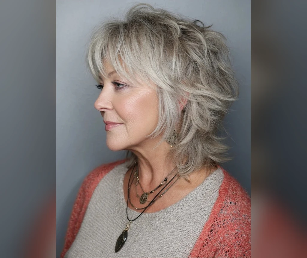 Soft short shag with wispy ends and gentle silver layers