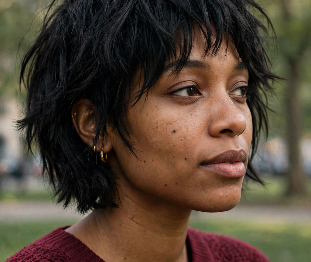 Black woman in her late 20s with a short shaggy bob haircut, wearing a burgundy knit top in a city park