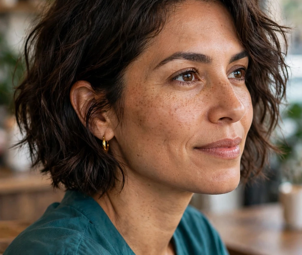 Latina woman in her late 30s with a short shaggy bob haircut, dark brown wavy layers, wearing a teal blouse in a cafe