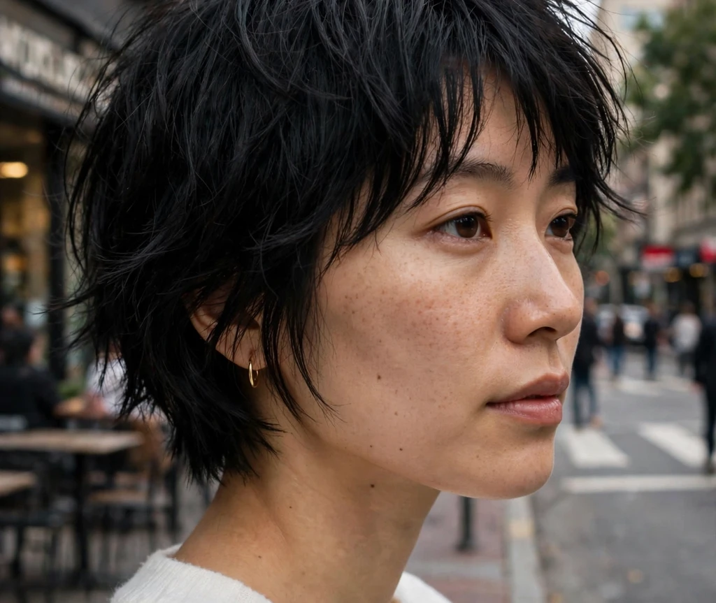East Asian woman in her late 20s with a short shaggy bob haircut, jet black textured layers, wearing a white sweater on a downtown street