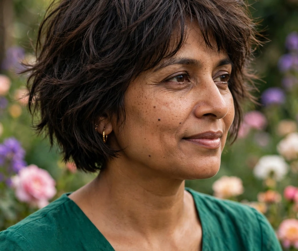 South Asian woman in her early 40s with a short shaggy bob haircut, dark brown soft layers, wearing an emerald dress in a garden