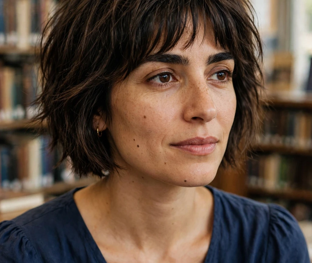 Middle Eastern woman in her early 30s with a short shaggy bob haircut, dark brown layers with curtain fringe, wearing a navy dress in a library